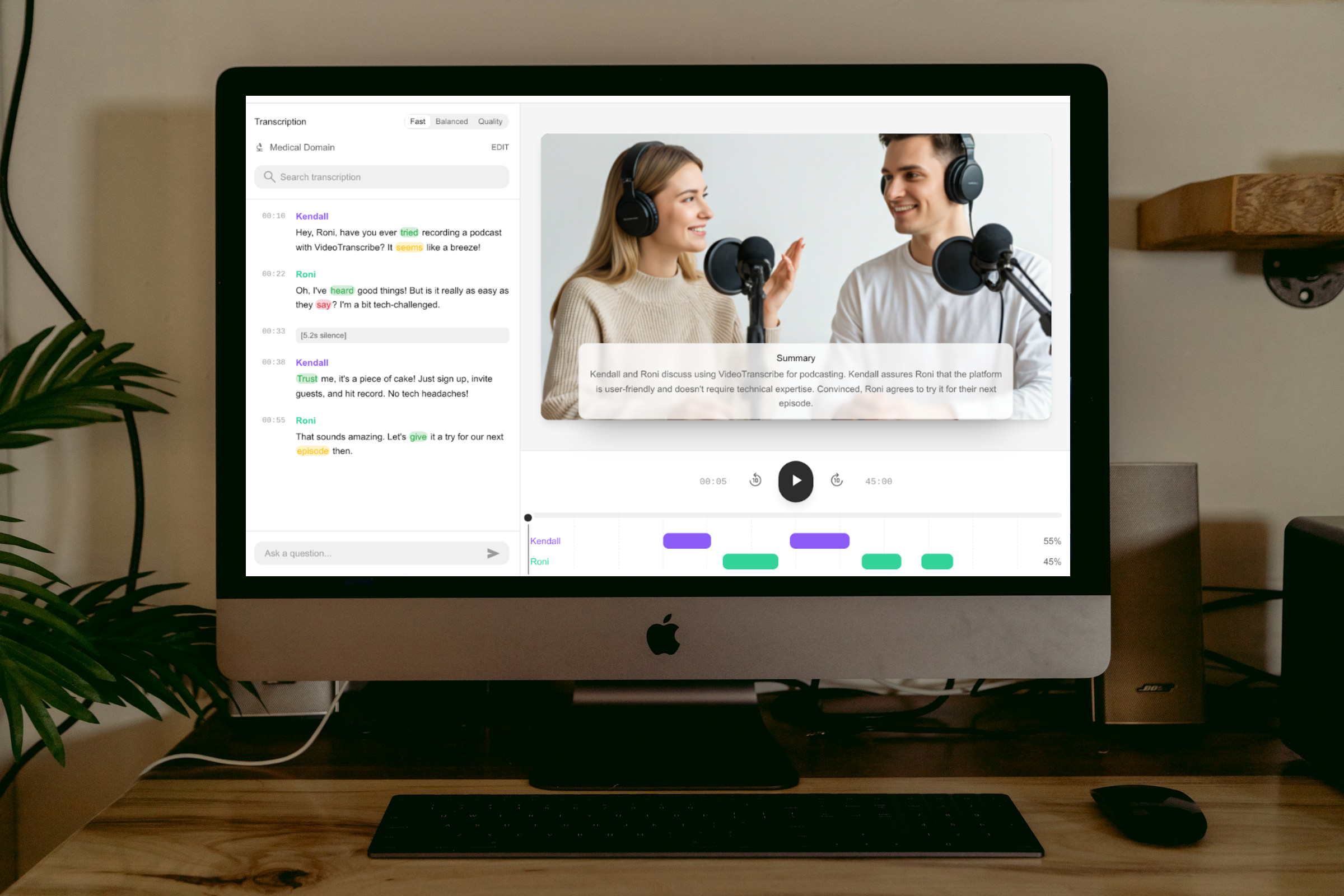 Professional workspace showing video transcription interface with timeline, speaker labels, and real-time editing capabilities