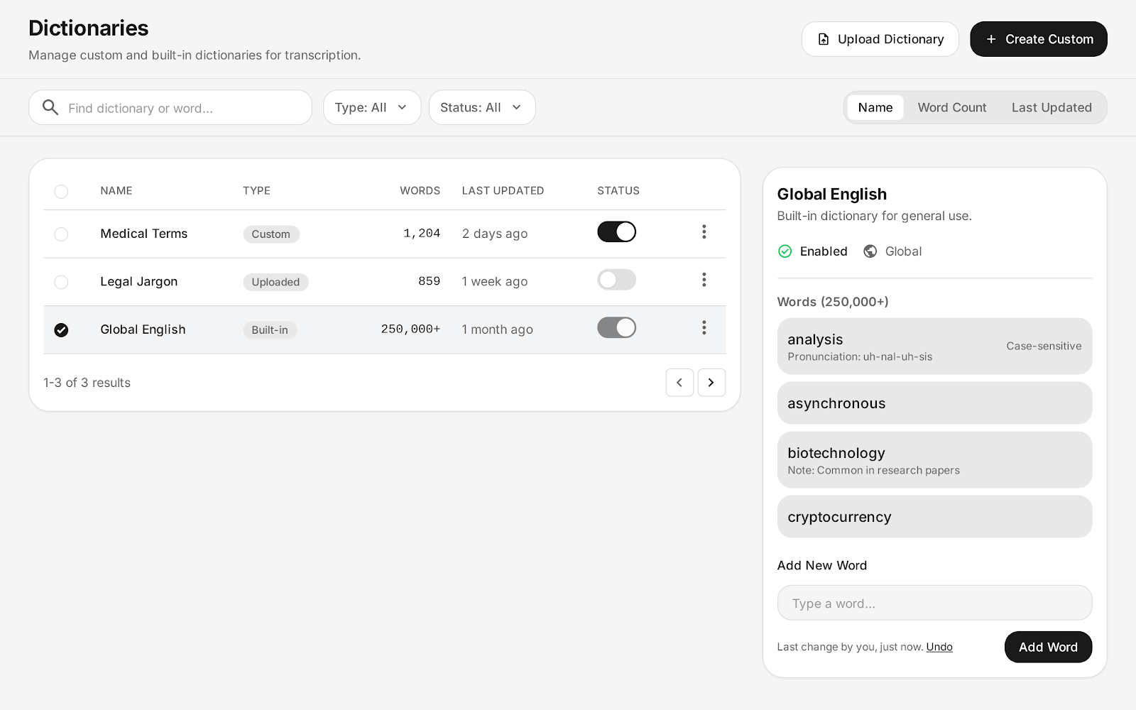 Custom vocabulary editor with specialized terms, acronyms, and technical jargon for improved transcription accuracy