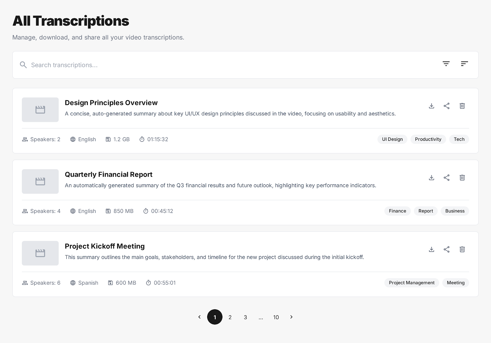 Full-text search interface across entire transcript library with instant results and timeline navigation