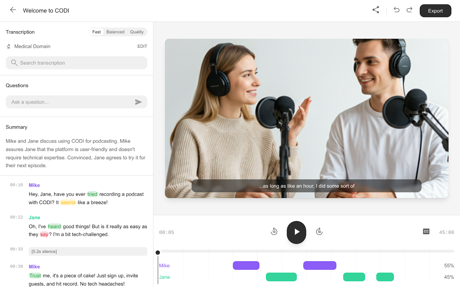 Unified working canvas with video player, transcript editor, and real-time synchronization
